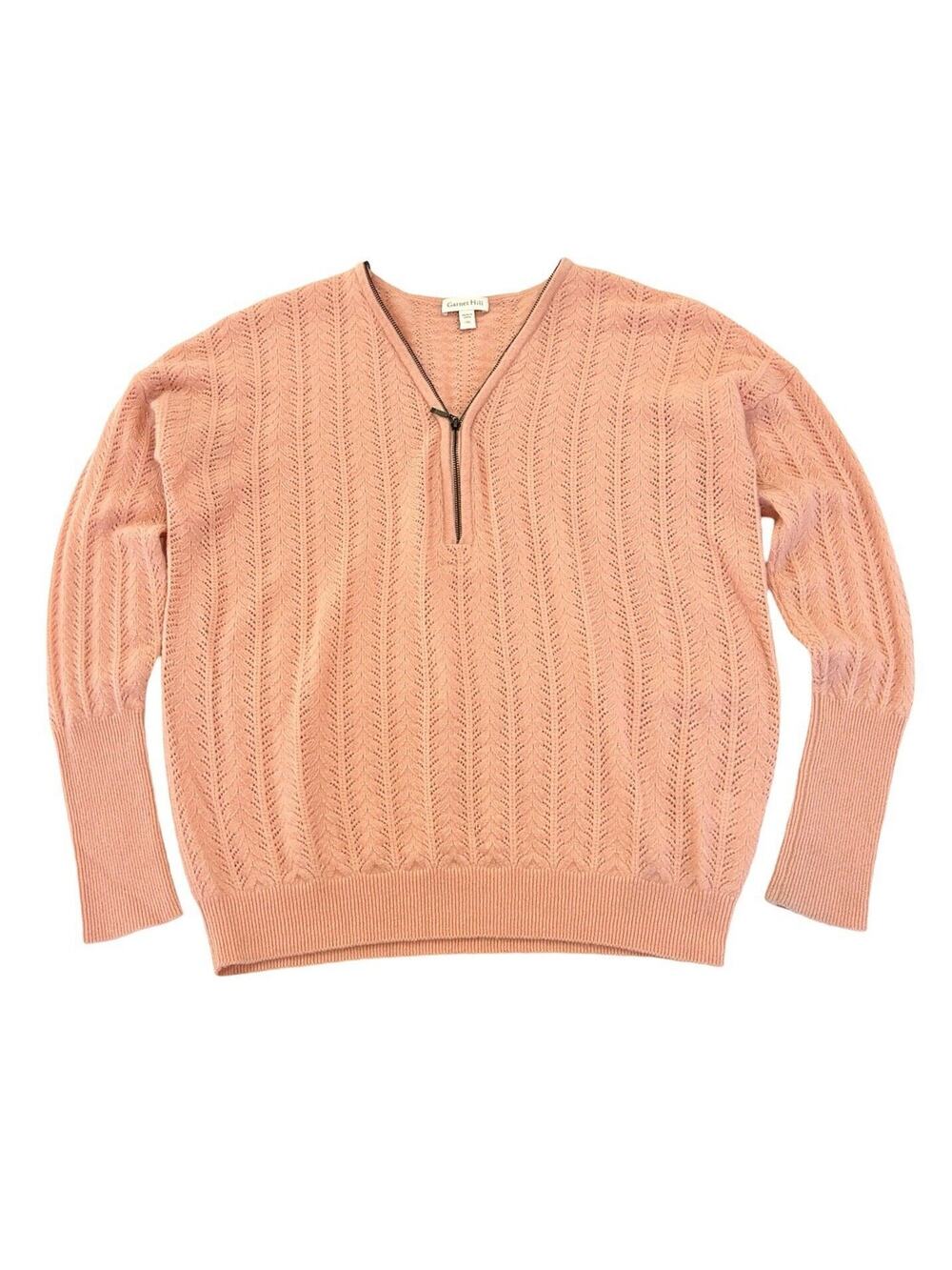 Garnet Hill Cashmere Sweater Womens Size XS Blush Pink Open Knit Zip Pullover